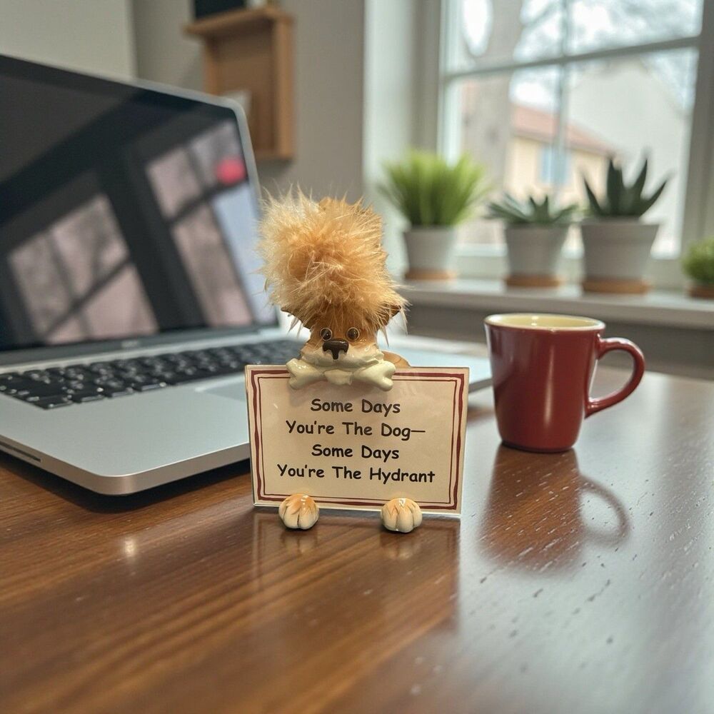 Cute Dog Figurine Holding Sign